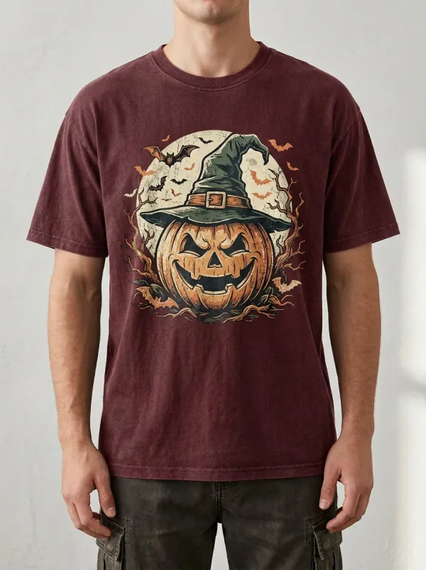 Unisex Halloween Pumpkin Witch Hat Bats Printed T-shirt