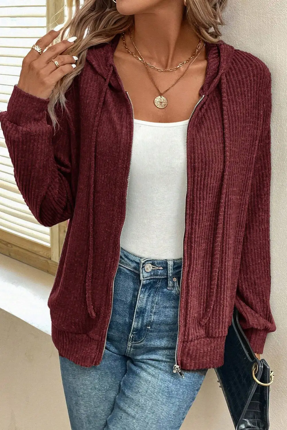 Drawstring Pocketed Ribbed Textured Hoodie