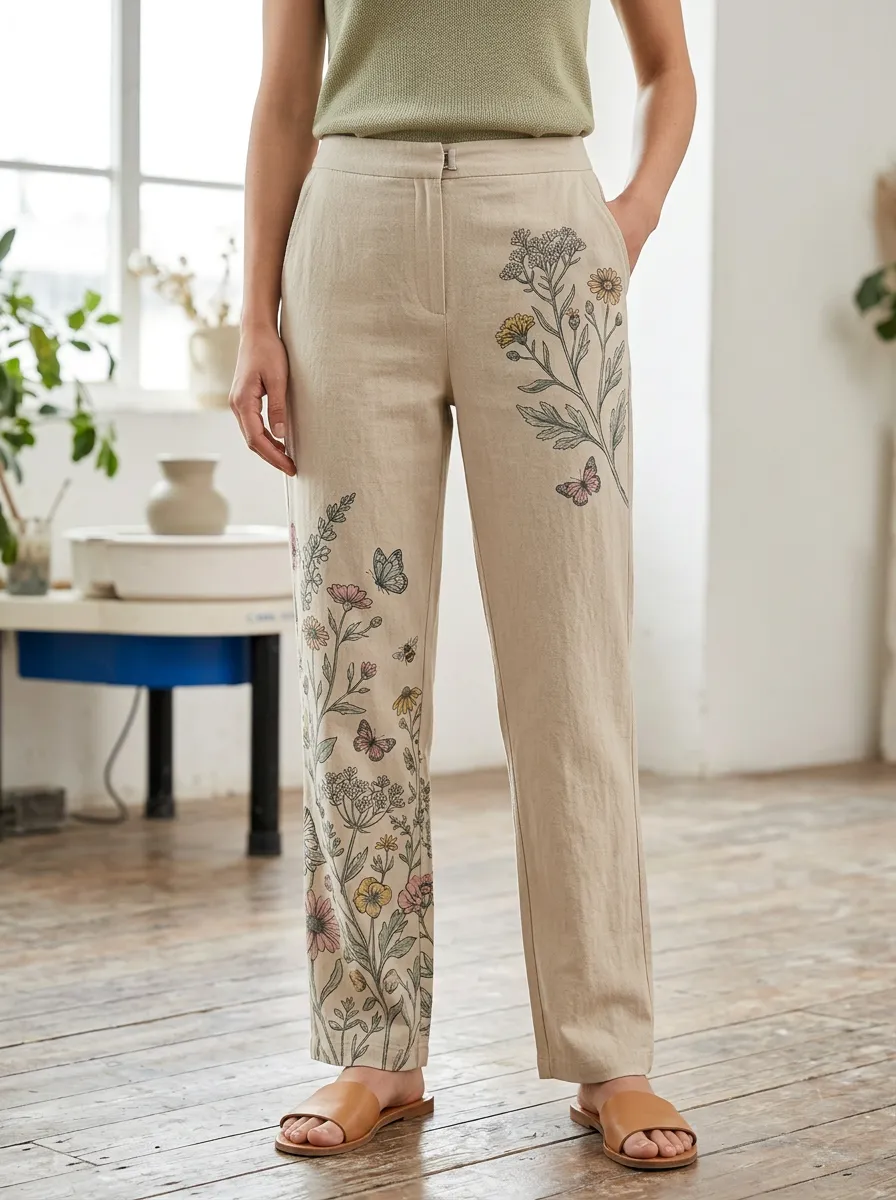 Women's Botanical Butterfly Floral Printed Linen Trousers