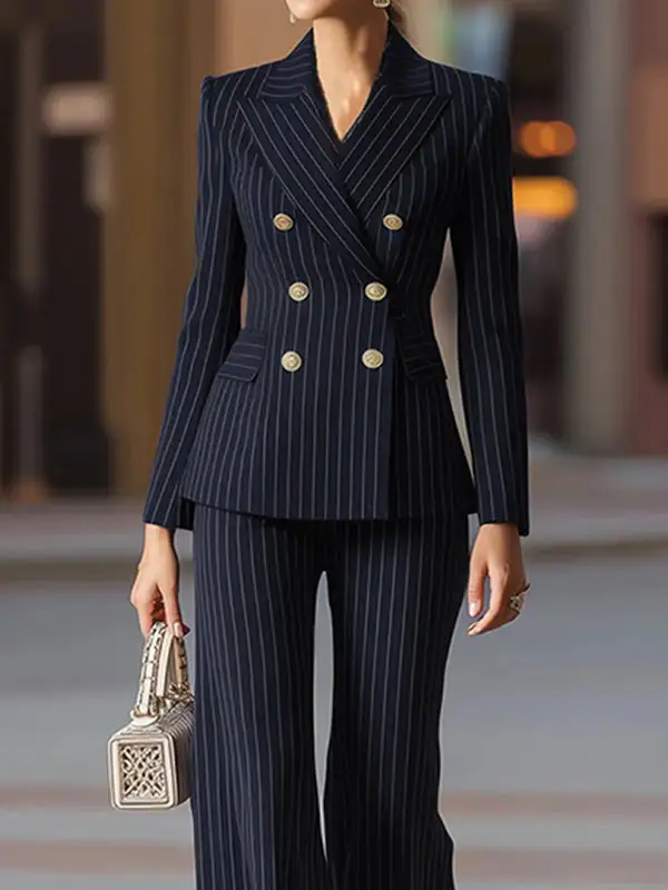 Long Sleeve Button Front Pocket Striped Notched Collar Blazer