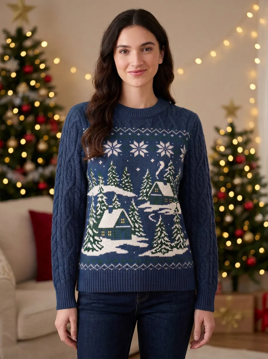 Christmas Holiday Winter Cabin Forest Print Sweater