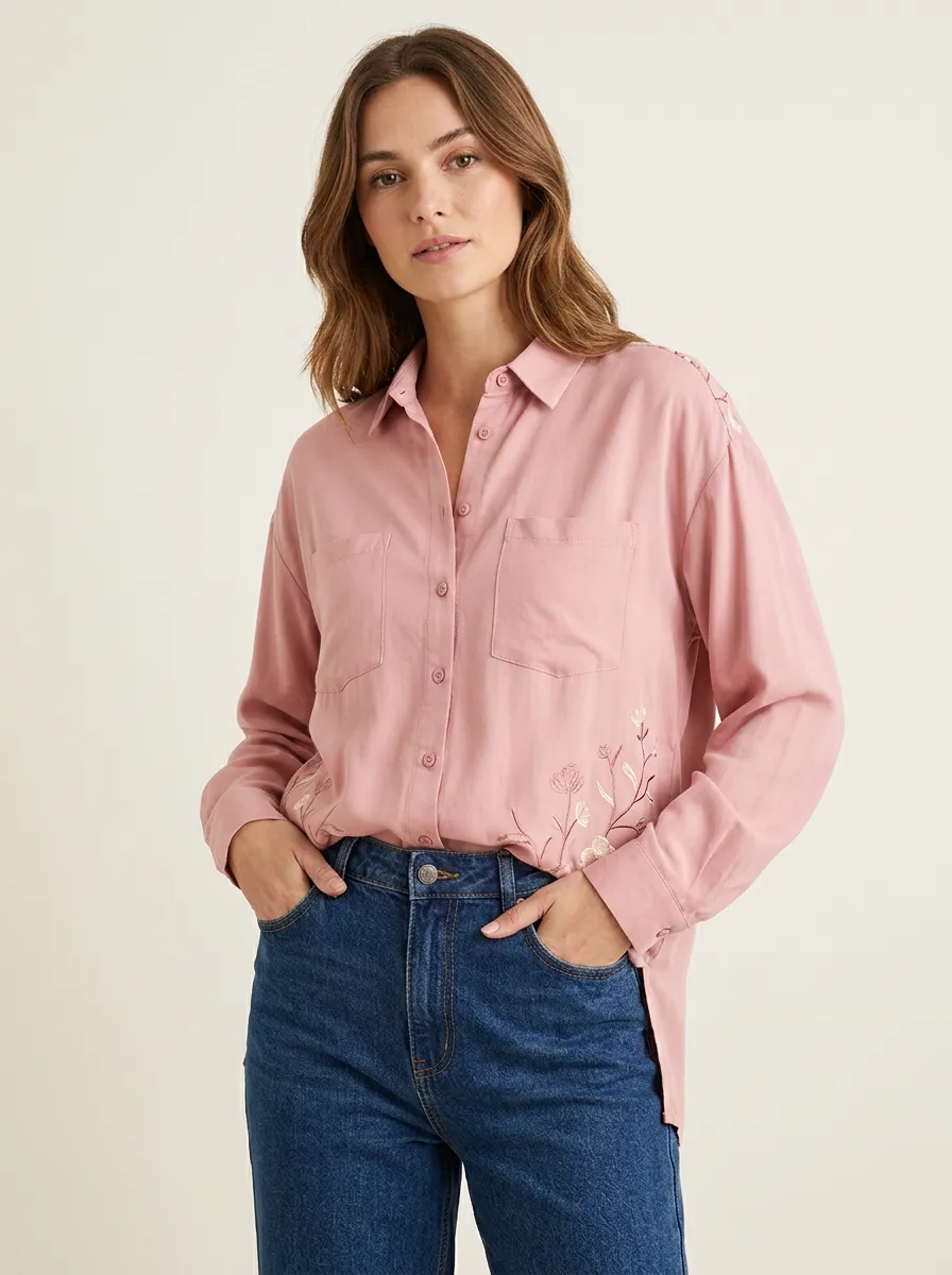 Women's Pink Floral Embroidery Printed Button Down Shirt