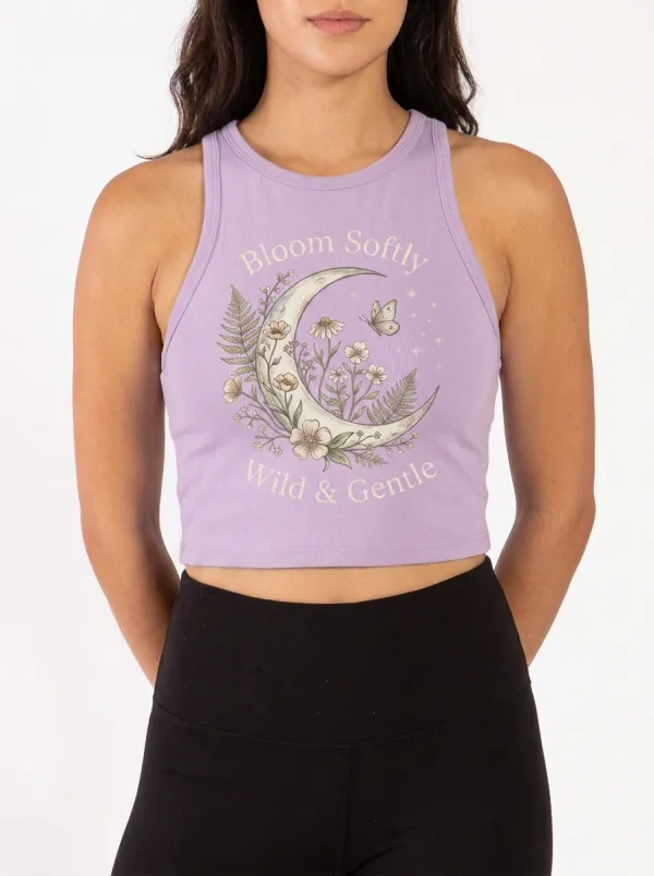 Women's Celestial Floral Moon Butterfly Printed Crop Tank Top
