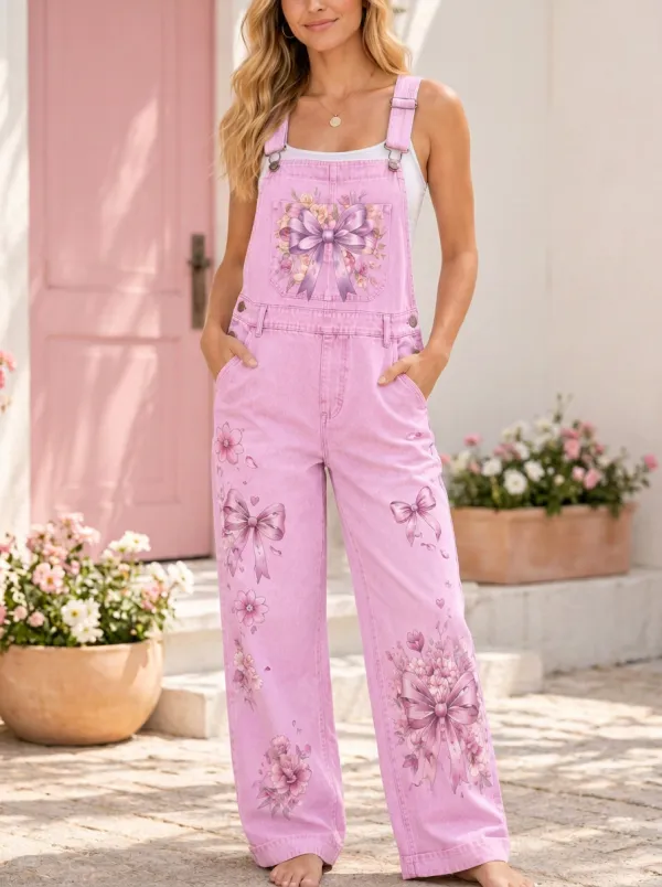 Women's Romantic Floral Ribbon Bow Romantic Printed Denim Overalls