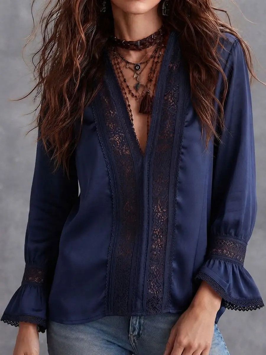 Boho Navy Satin Lace Trim Flare Long Sleeve Blouse