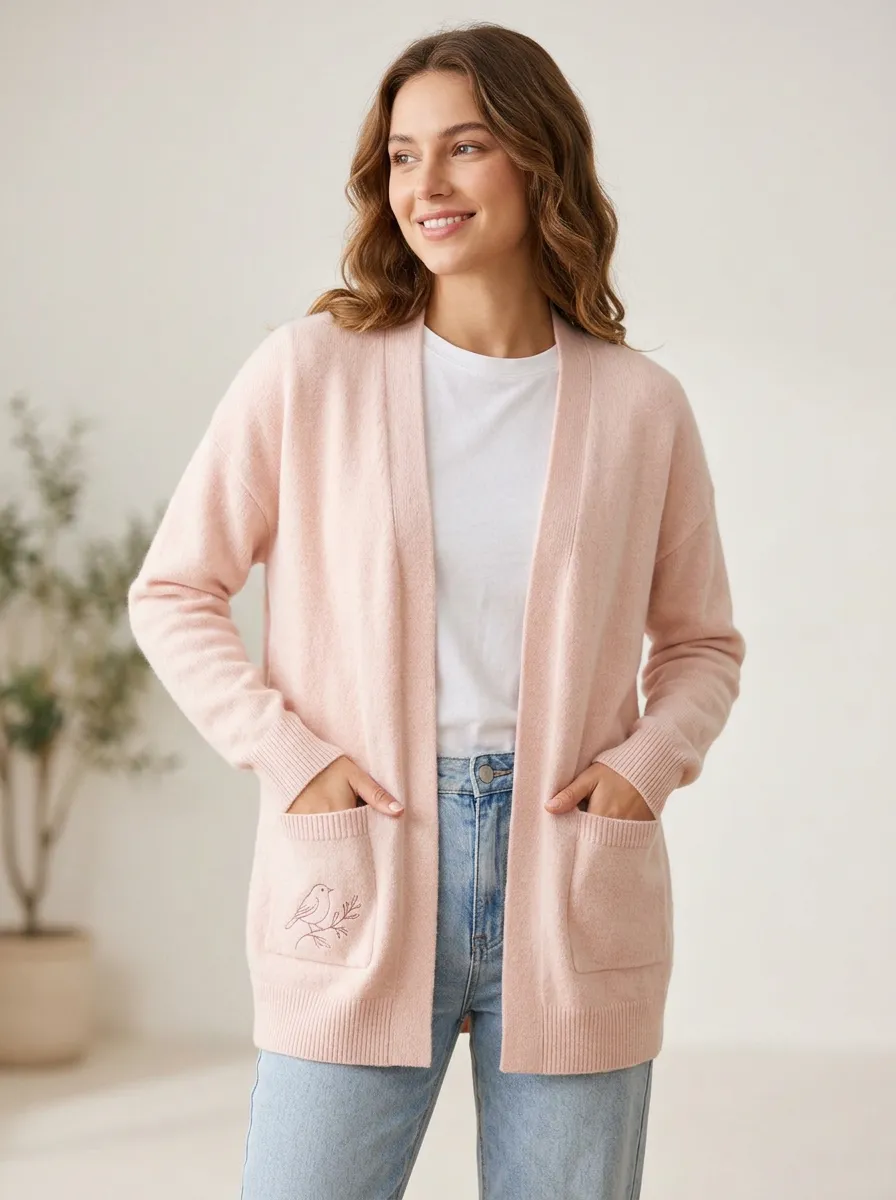 Women's Nature Lover Bird Branch Embroidered Pink Casual Cardigan