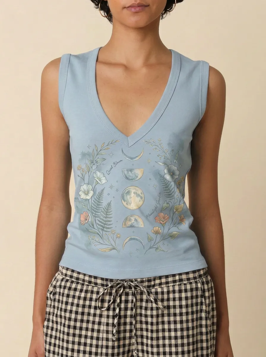 Women's Celestial Floral Moon Phase Printed V-neck Tank Top