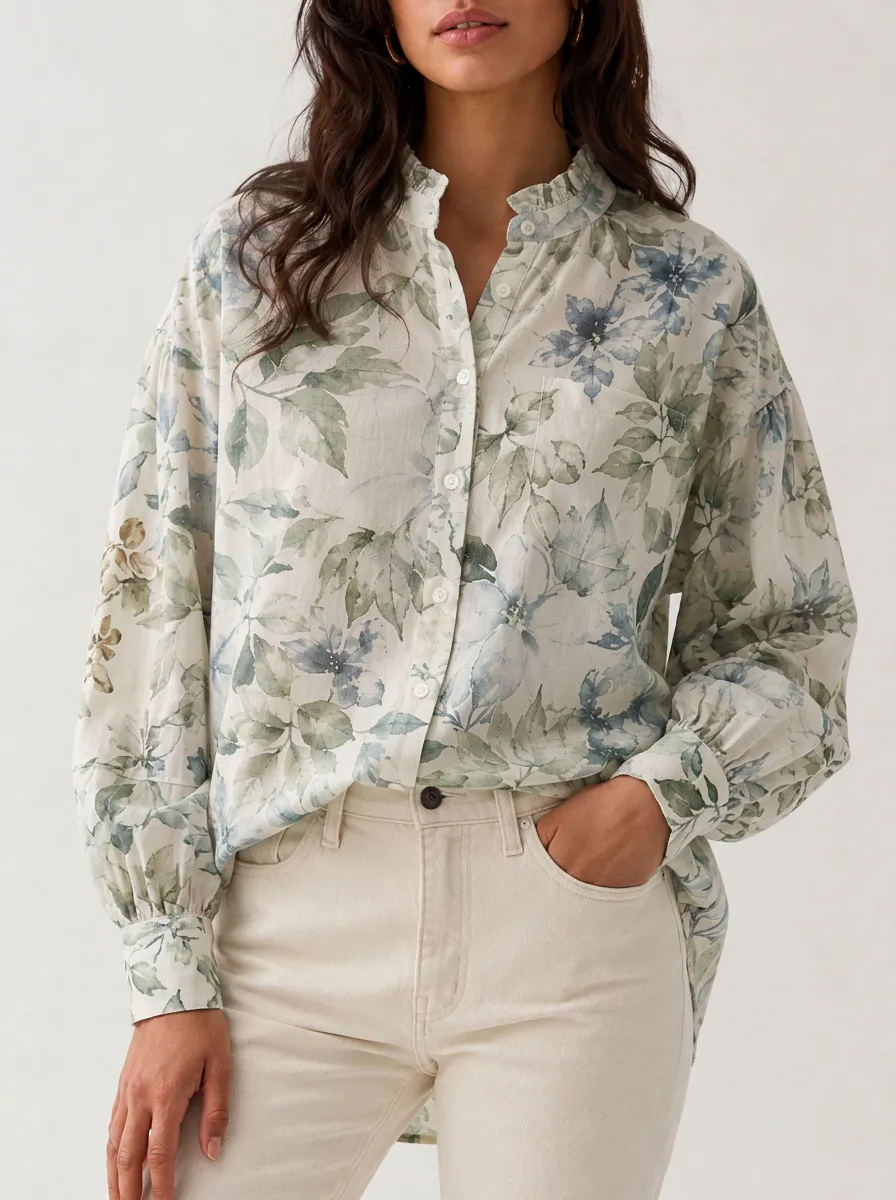 Women's Botanical Floral Watercolor Printed Button-Down Shirt