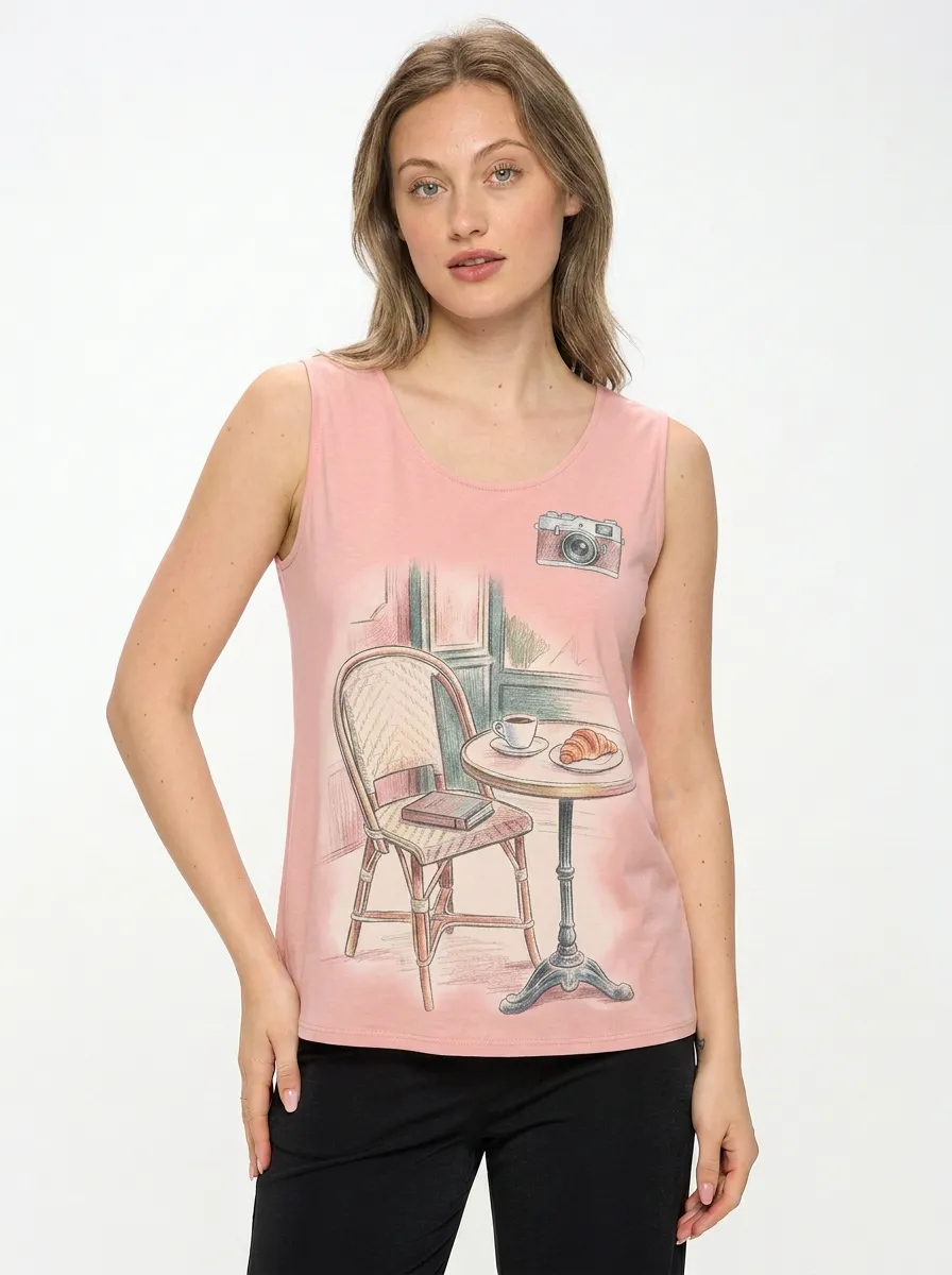 Women's Paris Cafe Lover Camera Croissant Printed Tank Top