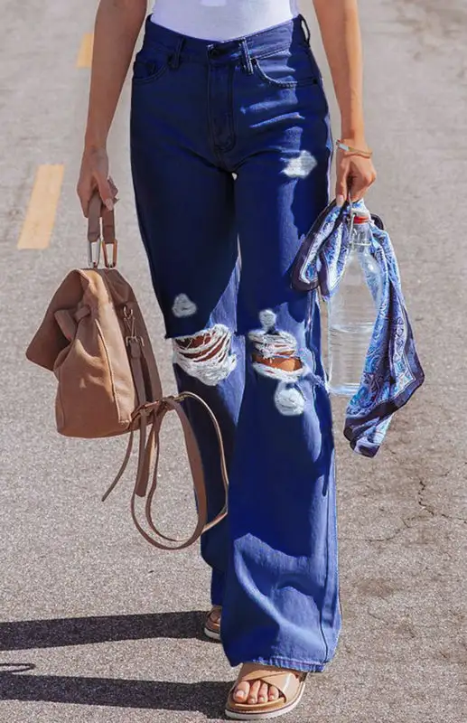 Ripped High Rise Wide Leg Denim Jeans
