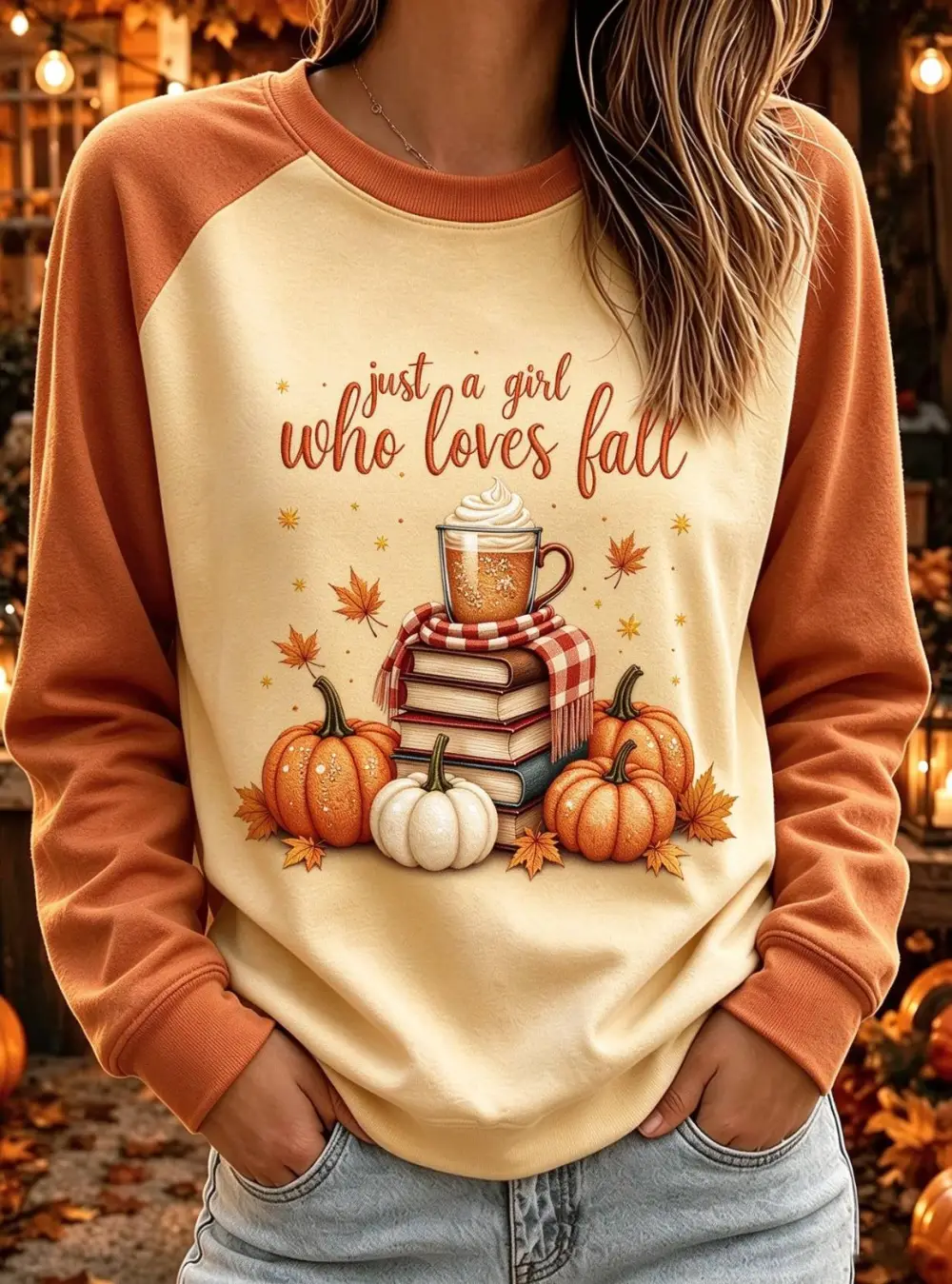 Women Just A Girl Who Loves Fall Pumpkin Book Raglan Sweatshirt