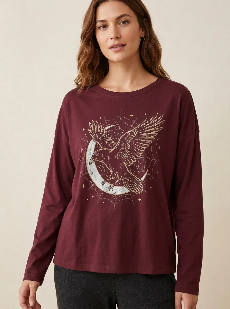 Women's Halloween Gothic Raven Moon Spiderweb Printed Long Sleeve Top