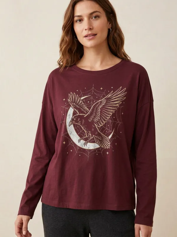 Women's Halloween Gothic Raven Moon Spiderweb Printed Long Sleeve Top