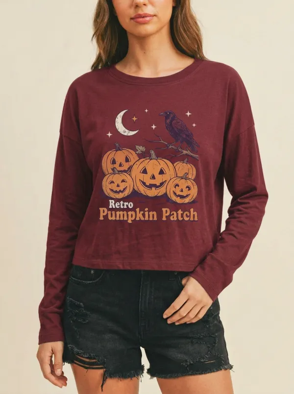 Women's Halloween Retro Pumpkin Patch Raven Moon Printed Long Sleeve Top