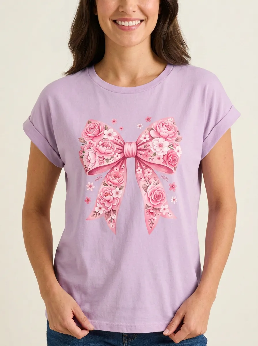 Women's Breast Cancer Awareness Floral Bow Printed T-shirt