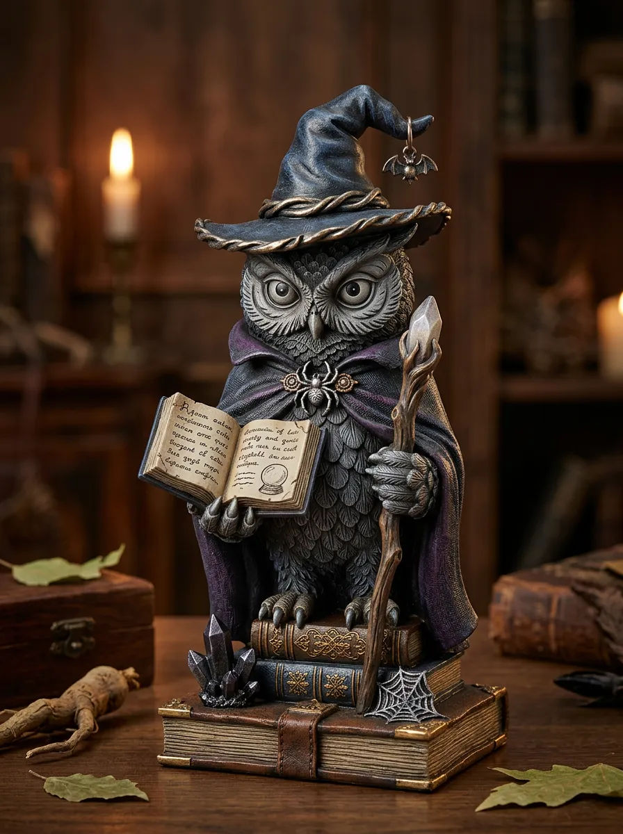 Halloween Gothic Wizard Owl Reading Book Figurine