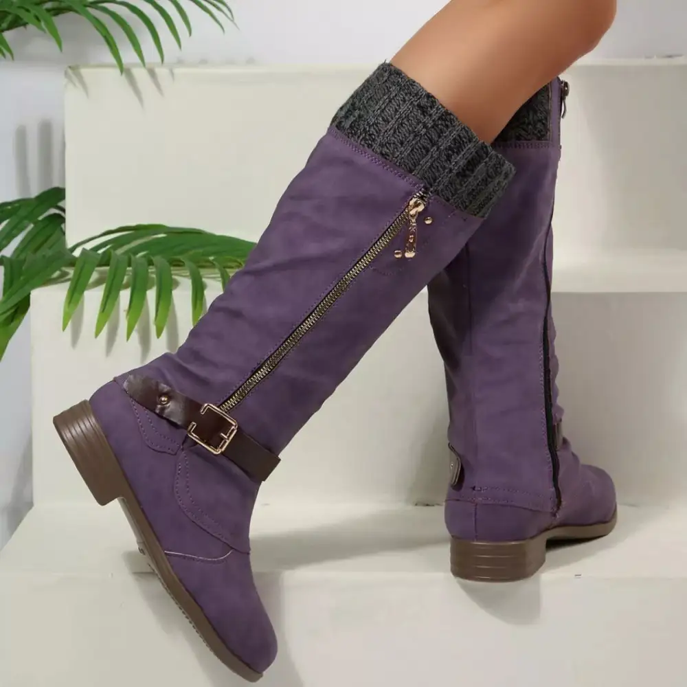 Ruffled Round Toe Block Heels Boots
