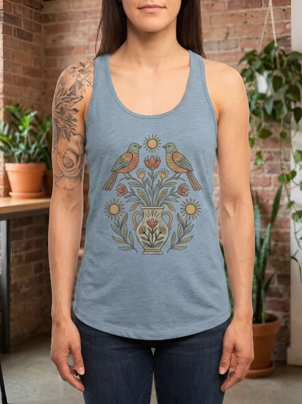 Women's Nature Lover Bird Floral Vase Printed Tank Top