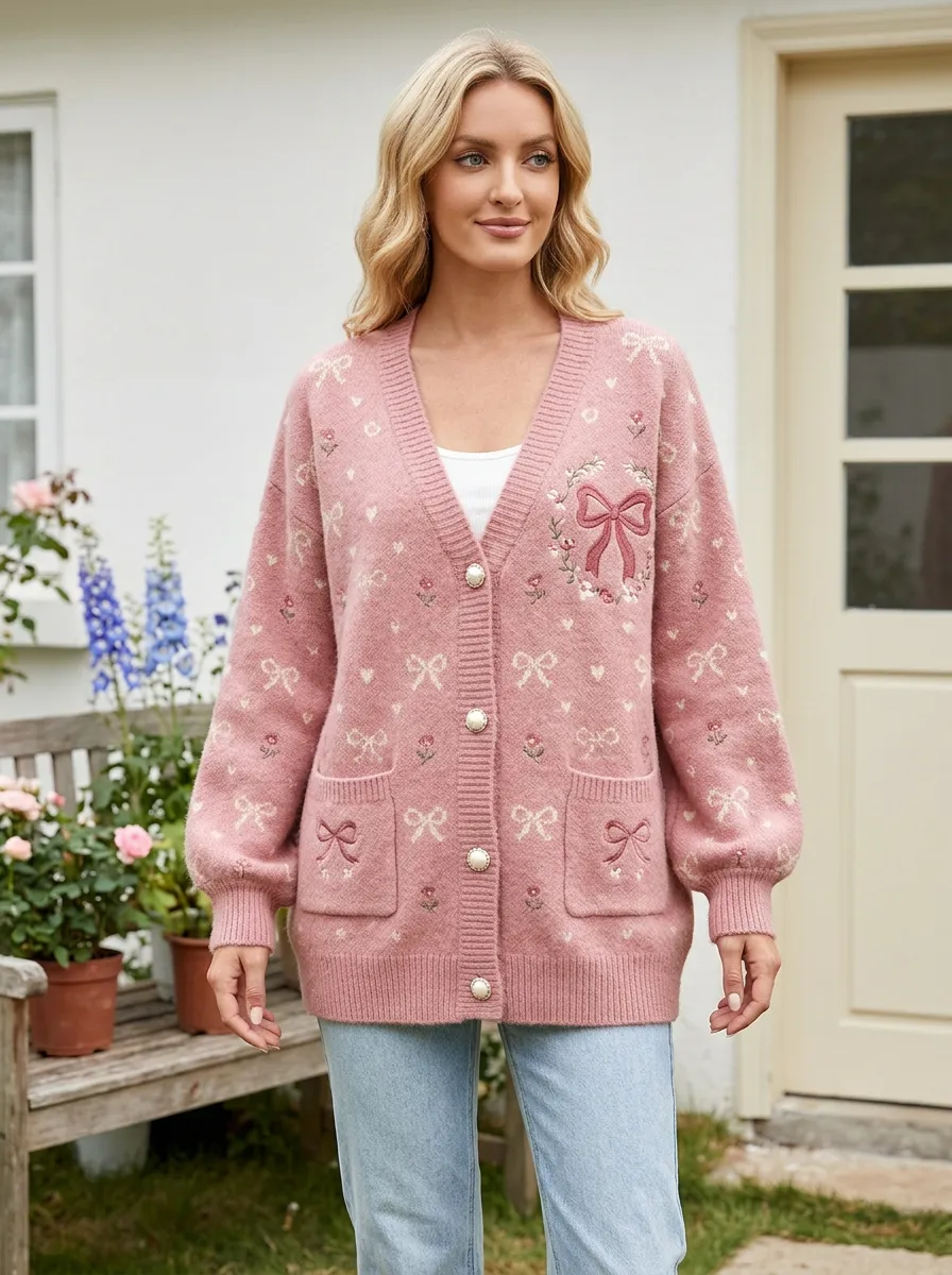 Women's Floral Ribbon Bow Pattern Printed Cardigan
