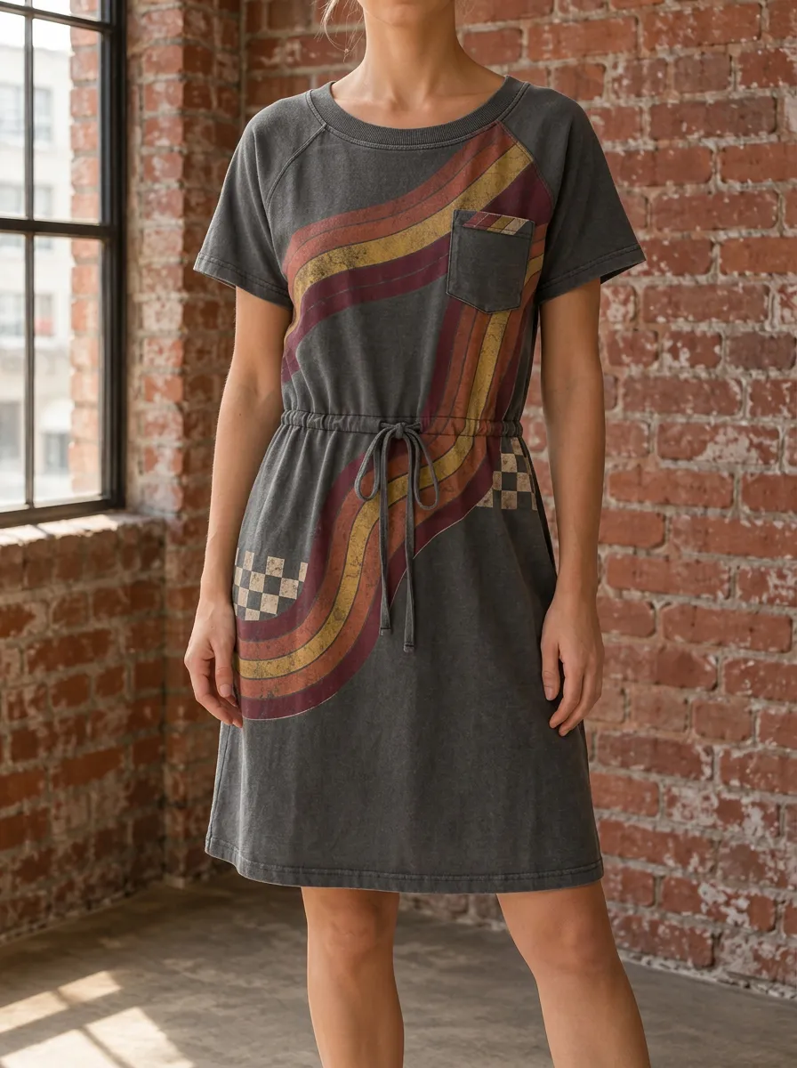 Women's Retro 70s Vintage Stripe Checkerboard Printed Dress