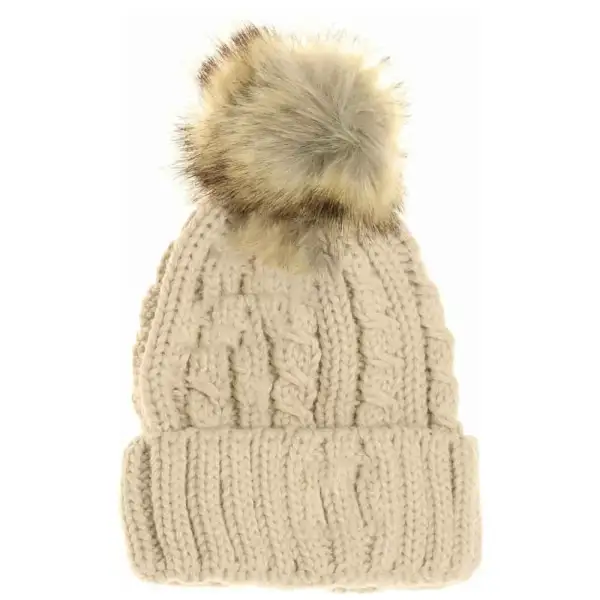 Cable Ribbed Fur Pom Beanie