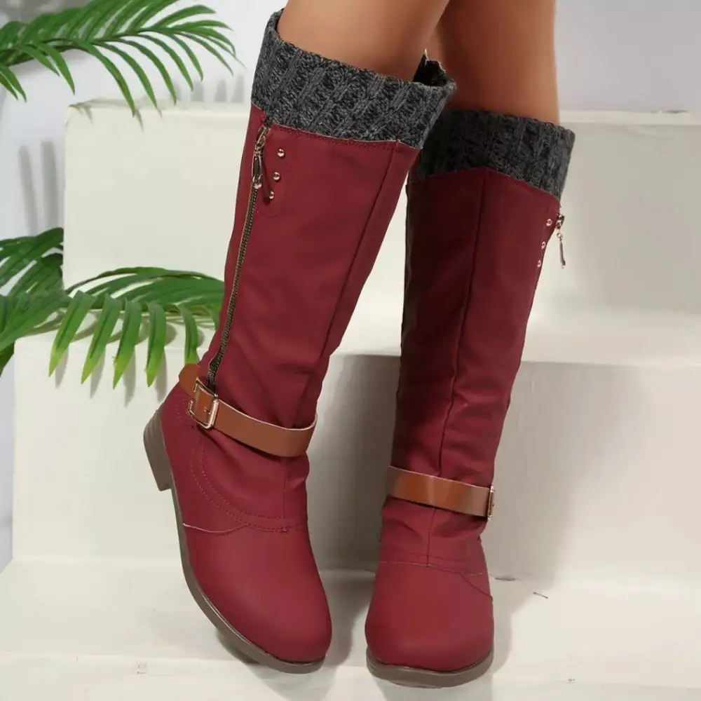 Ruffled Round Toe Block Heels Boots