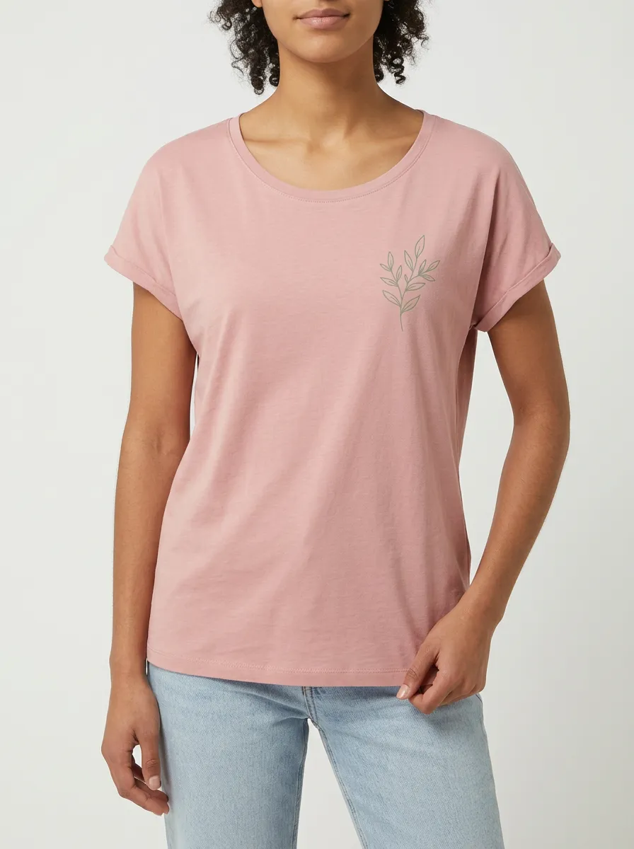 Women's Minimalist Botanical Leaf Printed Pink T-shirt