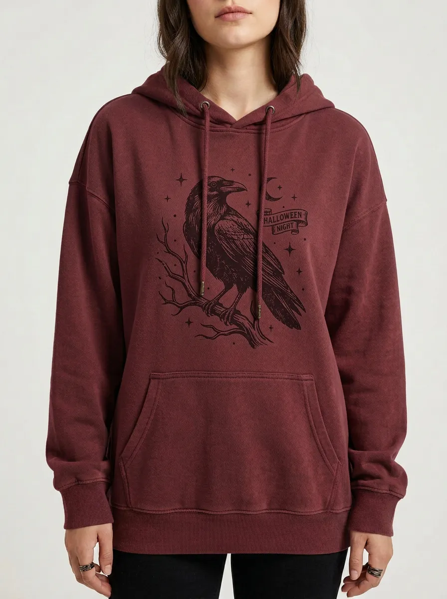 Women's Halloween Gothic Raven Moon Printed Hoodie