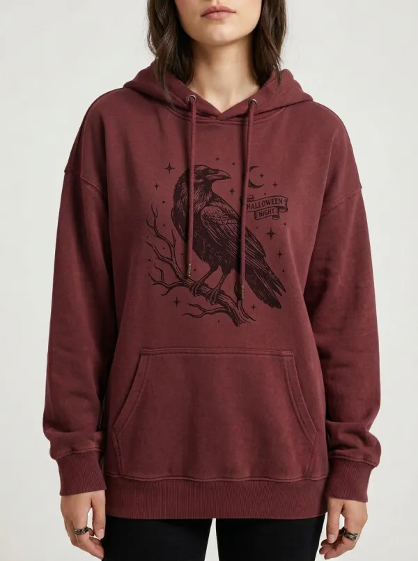 Women's Halloween Gothic Raven Moon Printed Hoodie