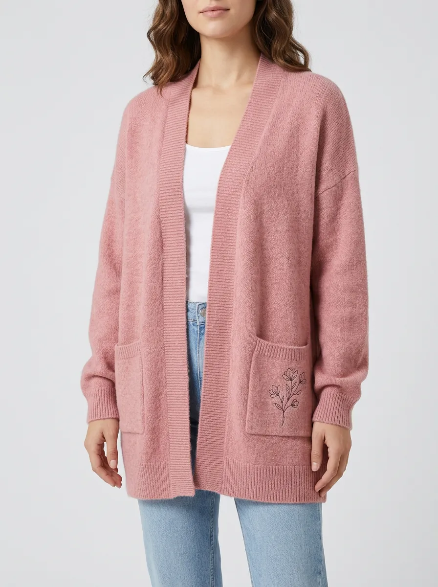 Pink Relaxed Floral Line Art Print Cardigan