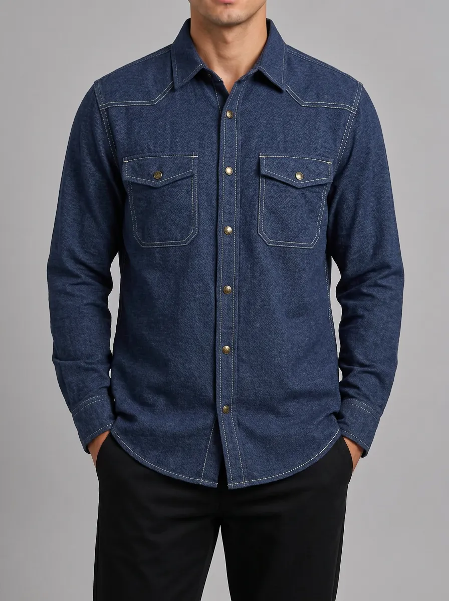 Men's Western Style Denim Contrast Stitch Snap Button Shirt