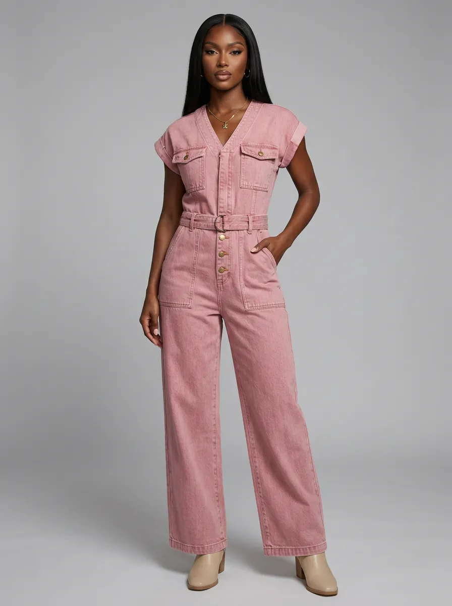 Pink V-Neck Button-Front Denim Jumpsuit