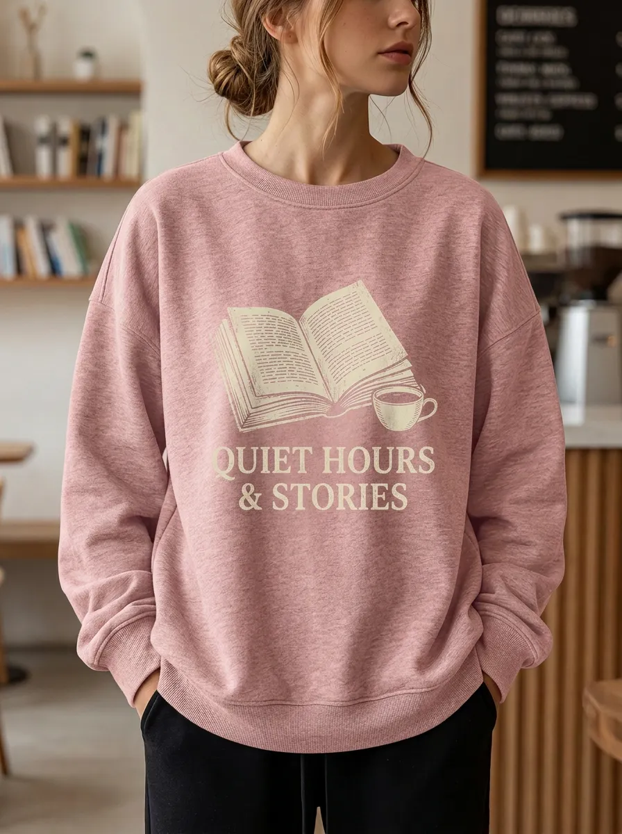 Women's Book Lover Quiet Hours & Stories Printed Sweatshirt