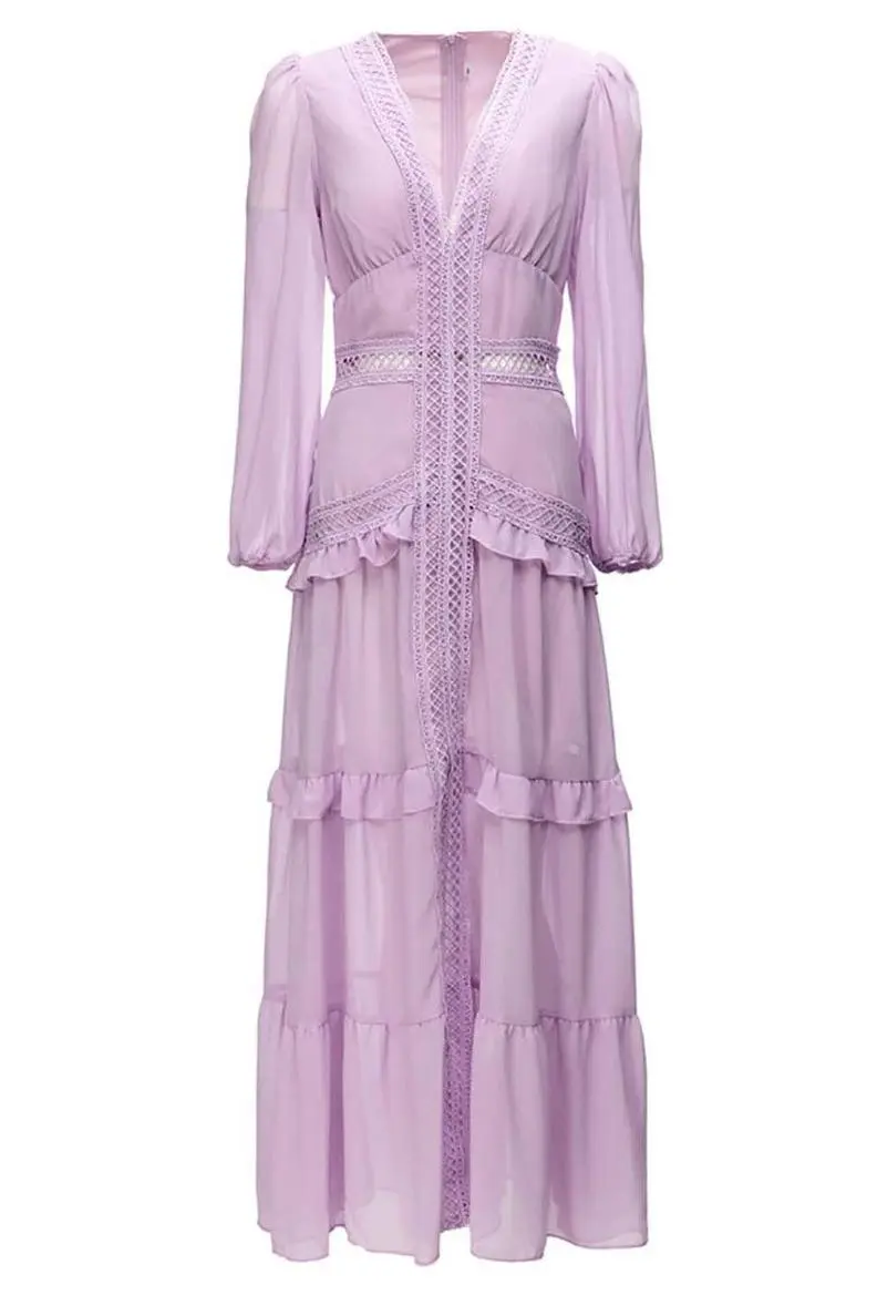 Solid Lace V-Neck Frill Midi Dress