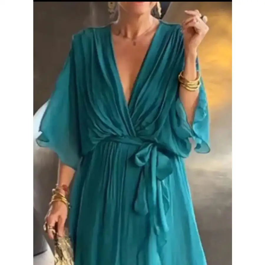 Full Size Flowy Tie Front Midi Dress with Flutter Sleeves Plus Size