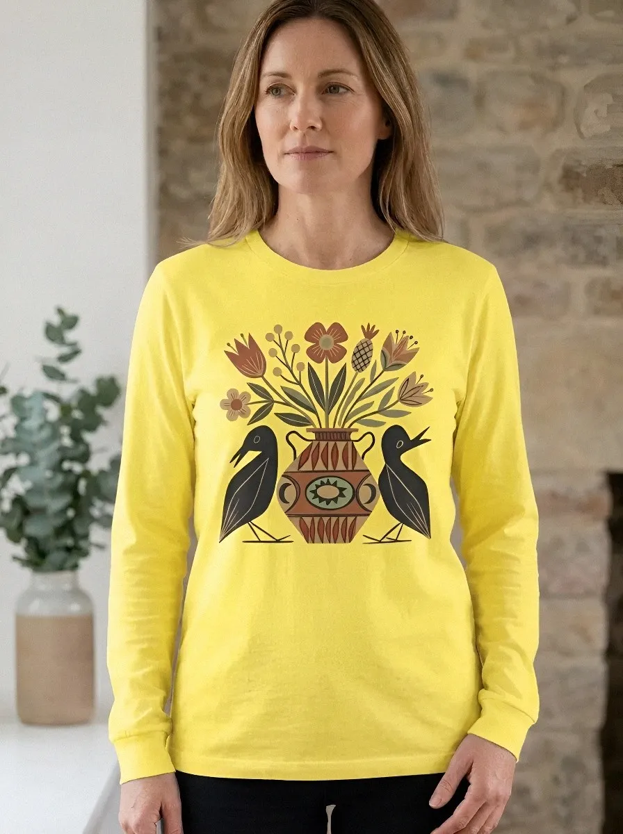 Women's Folk Art Bird and Flower Vase Printed Long Sleeve Top