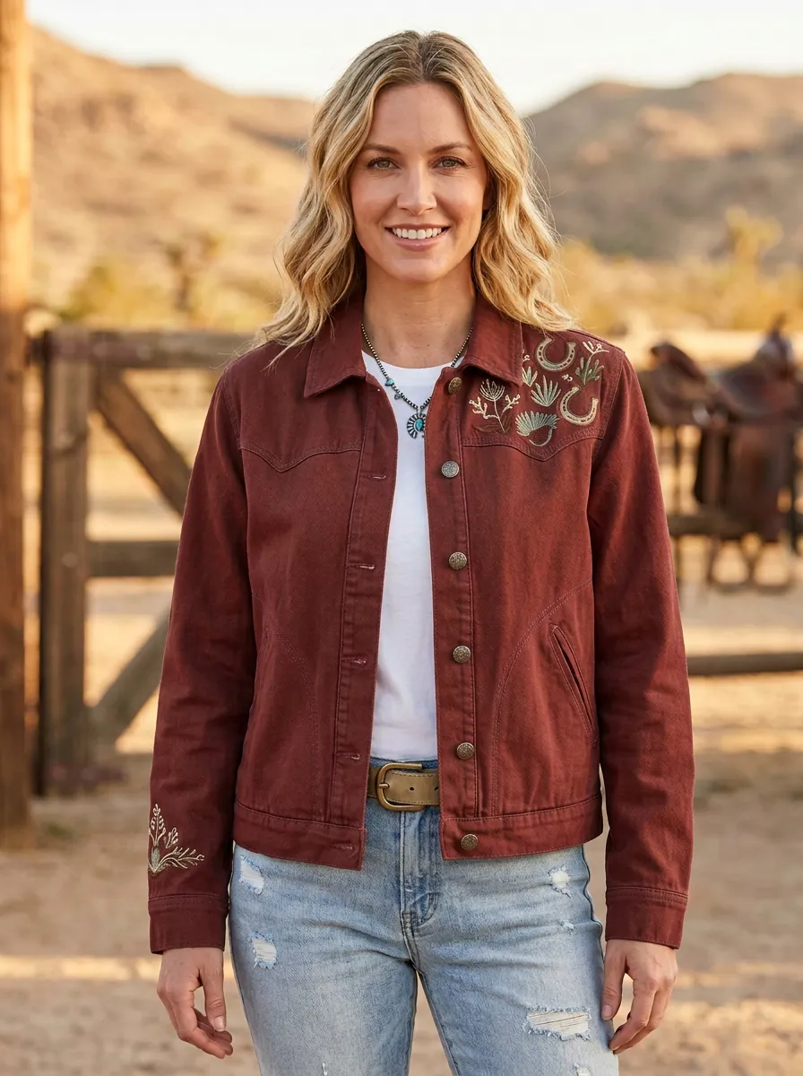 Women's Ranch Inspired Western Cowgirl Horseshoe Horse Floral Embroidery Floral Denim Jacket