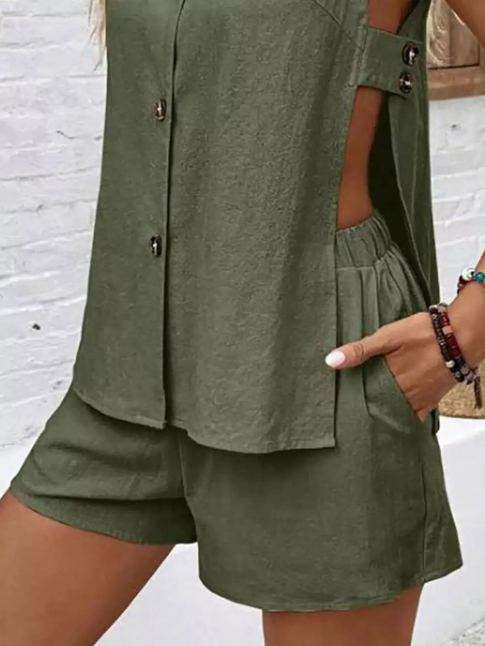 Sleeveless Button Down Top Shorts Set