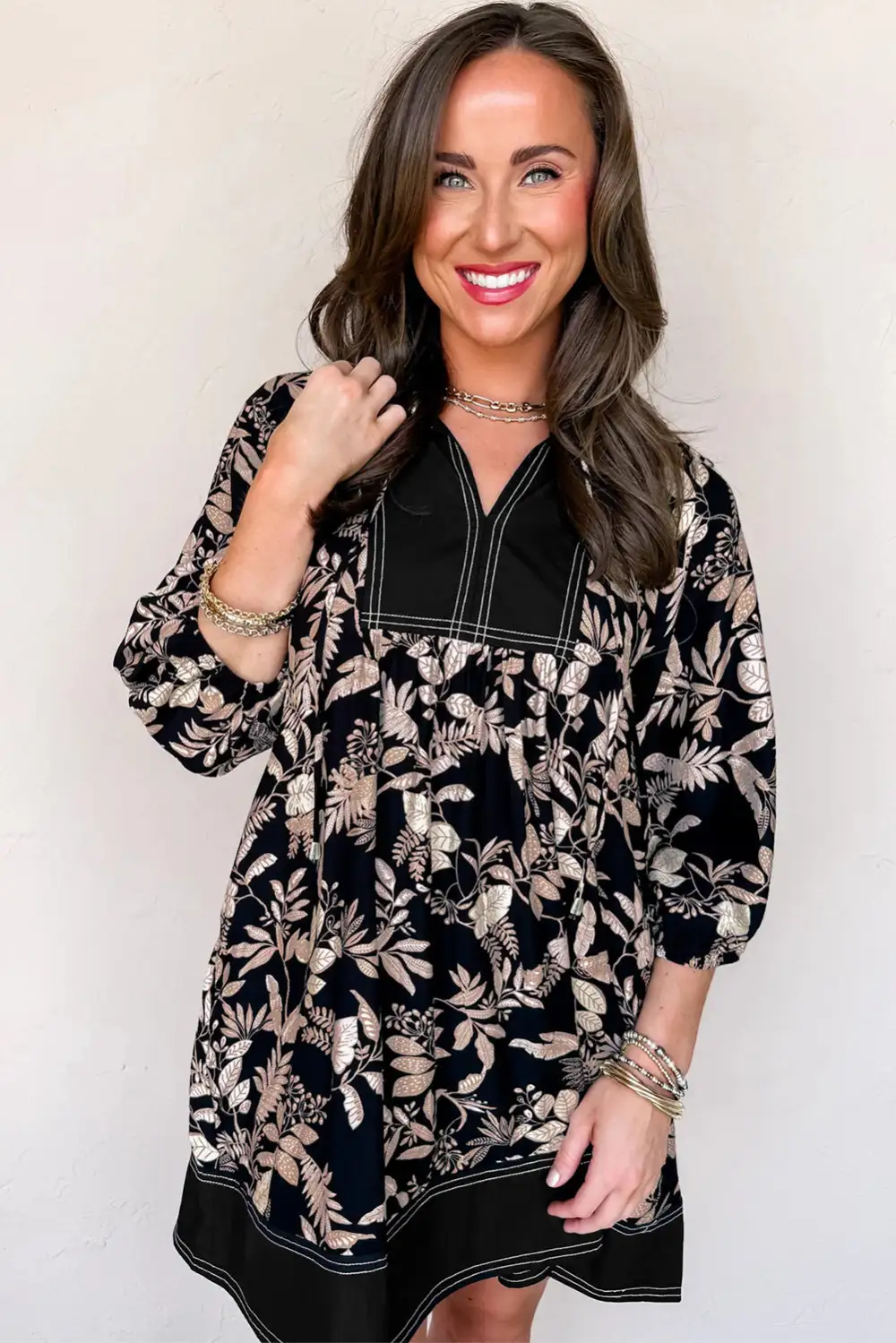 Layered Detail Printed Split Neck Mini Dress