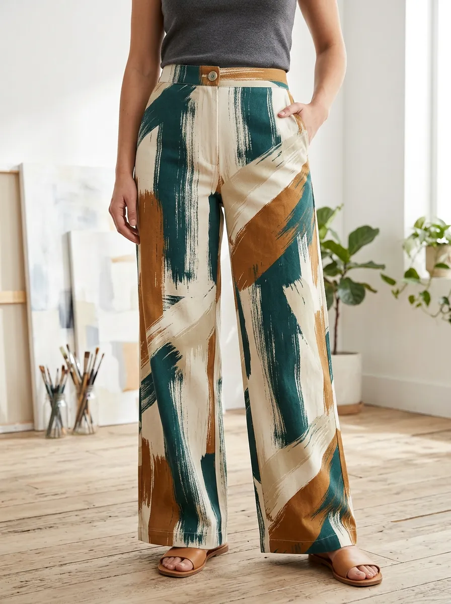 Women's Flowing Abstract Brushstroke Pattern Printed Wide Leg Pants