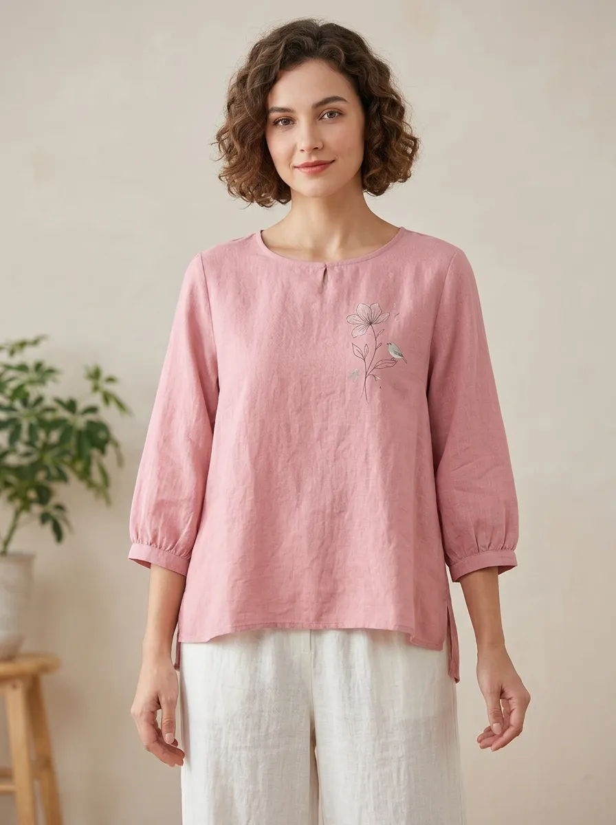 Women's Floral Bird Nature Lover Printed Pink Cotton And Linen Top