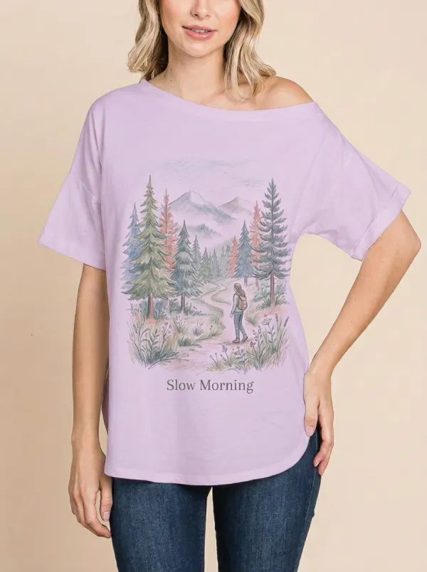 Women's Nature Hiking Slow Morning Forest Mountain Printed T-shirt