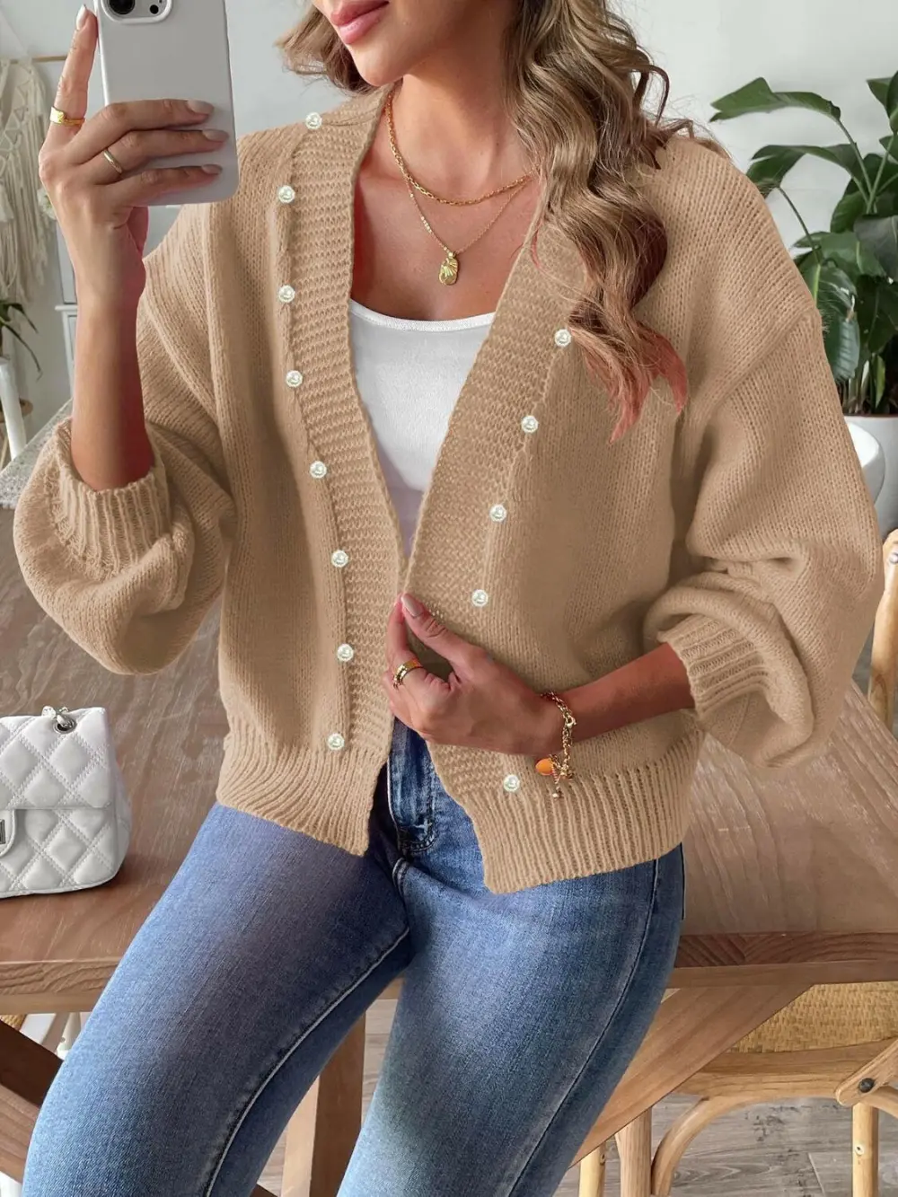 Pearl Detail Open Front Cardigan