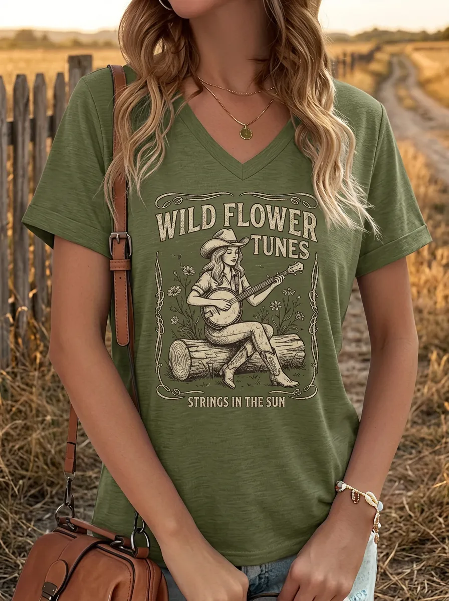 Country Music Banjo Player Wild Flower V-Neck T-Shirt