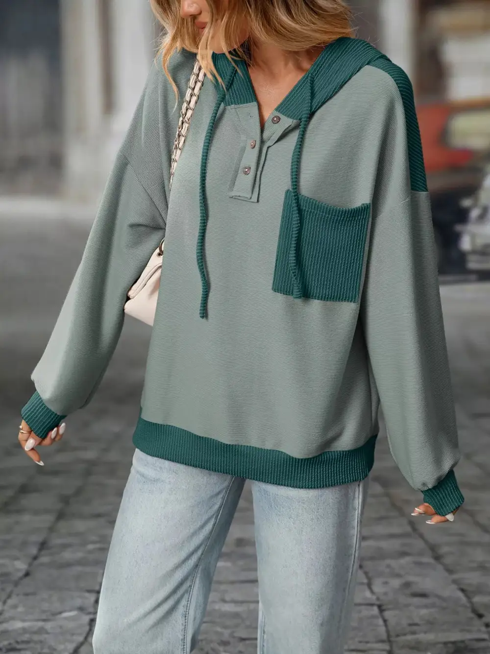 Refined Drawstring Buttoned Pocketed Colorblock Hoodie