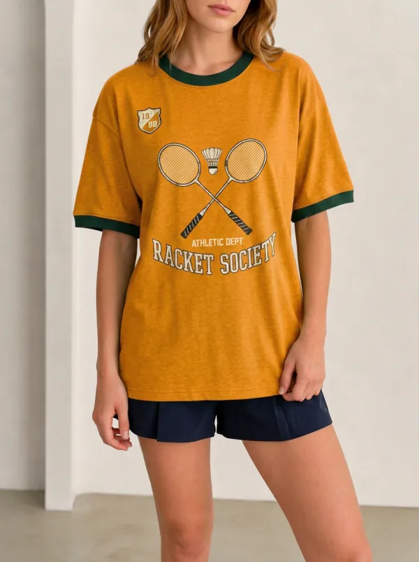 Women's Badminton Lover Racket Society Printed T-shirt