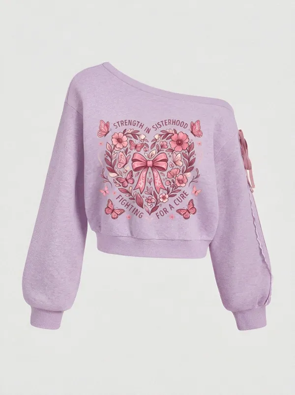 Women's Breast Cancer Awareness Heart Butterfly Floral Printed Off-Shoulder Sweatshirt