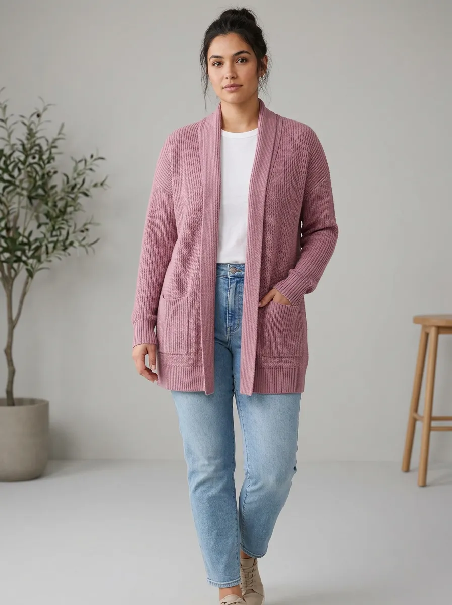 Women's Dusty Rose Ribbed Open-Front Cardigan