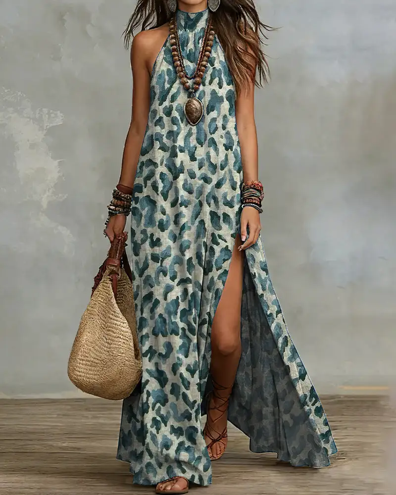 Boho Halter Neck High Slit Maxi Dress