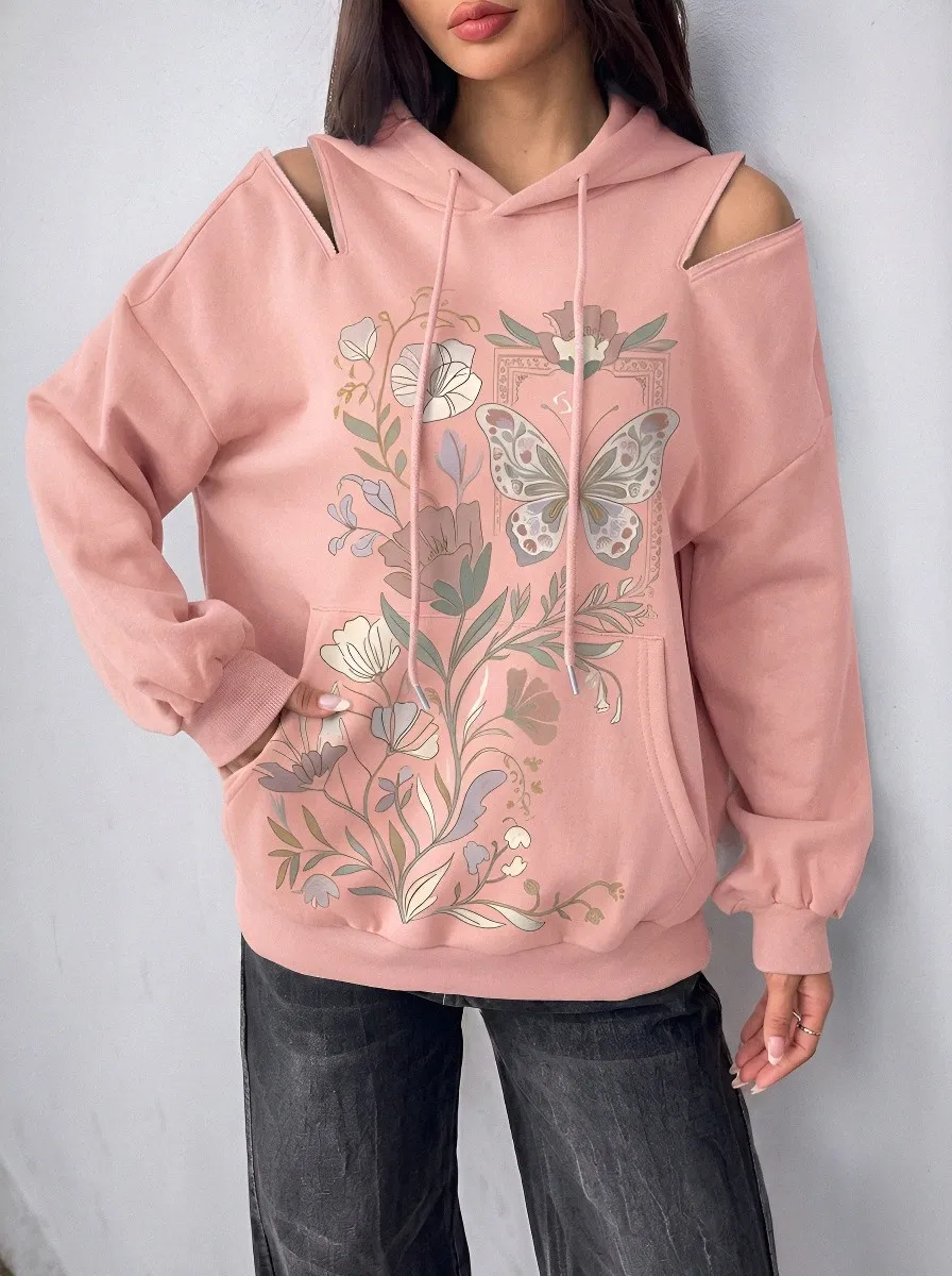 Women's Boho Butterfly Floral Printed Cold Shoulder Hoodie